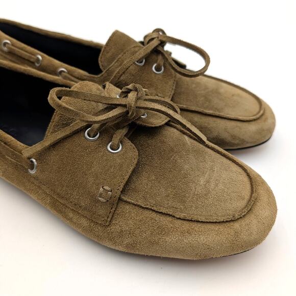 Vince Marin Round Toe Boat Loafer Women's Olivewood Suede Size US7M EU37 - Picture 11 of 14